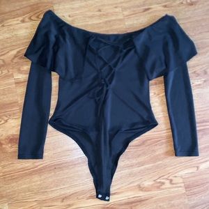 XS off shoulder black Tobi thong bodysuit with lace up back